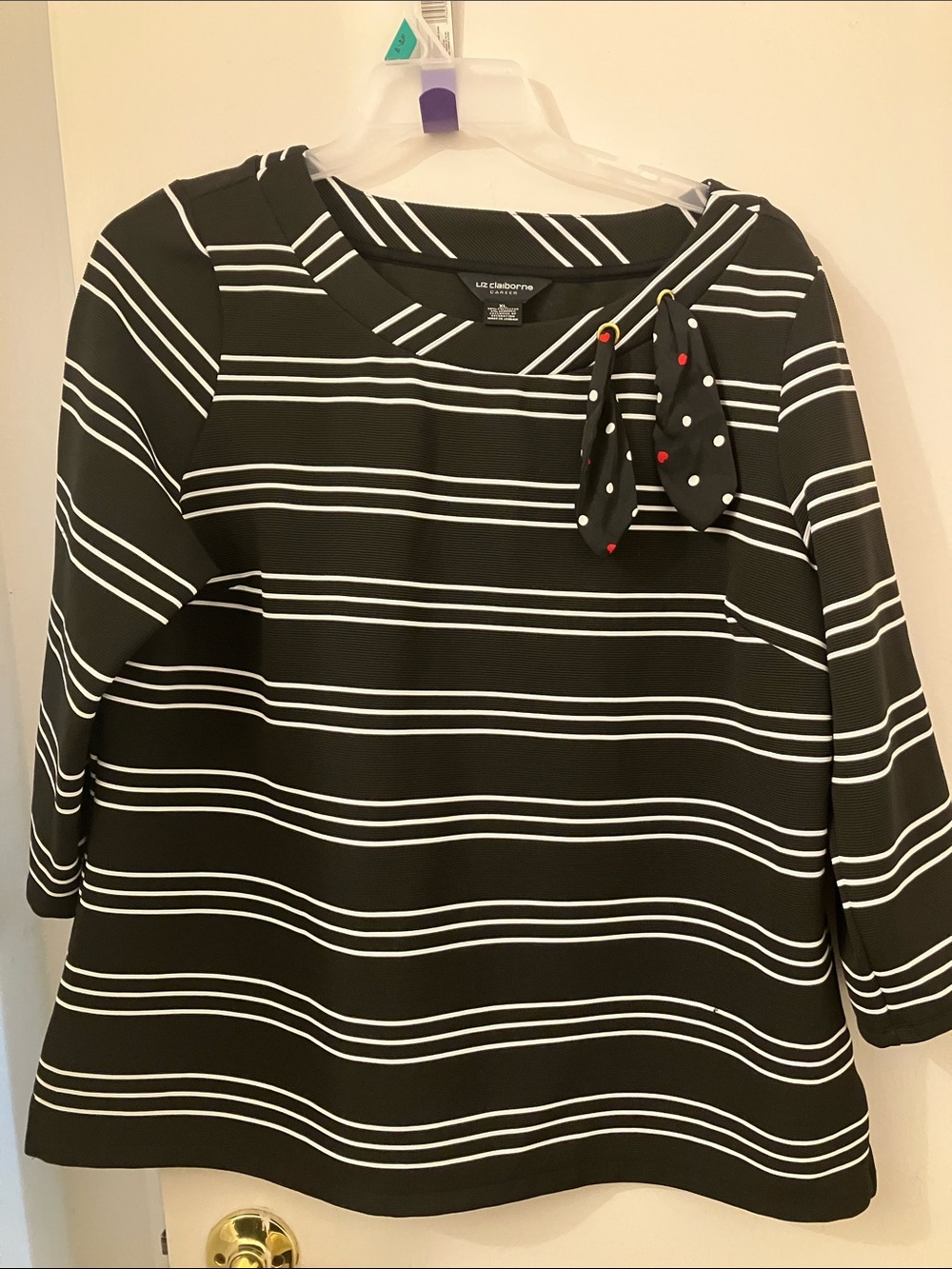 Liz Claiborne Black and White Striped Boatneck Top with Bow Detail